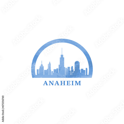 Anaheim US watercolor cityscape skyline city panorama vector flat modern logo icon. USA, California state of America emblem with landmarks and building silhouettes. Isolated graphic