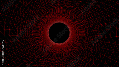 Fototapeta Naklejka Na Ścianę i Meble -  Red wireframe tunnel, Abstract wireframe funnel. Abstract dynamic wormhole tunnel on black background. Deep wavy wormhole. 3d rendering.