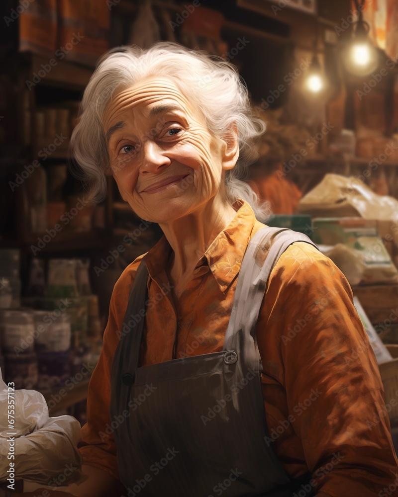 portrait of an smiling old woman in a store, elderly, retired, woman working 