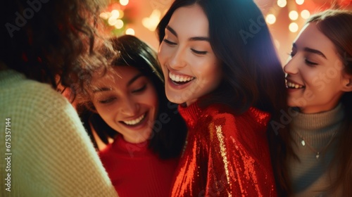 Group of girlfriends in front of the Christmas tree at home