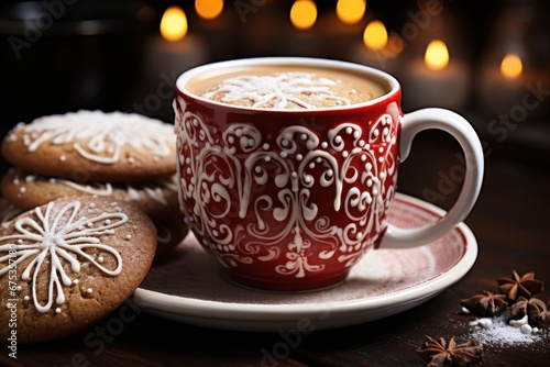 cup of coffee with cookies and christmas decorations