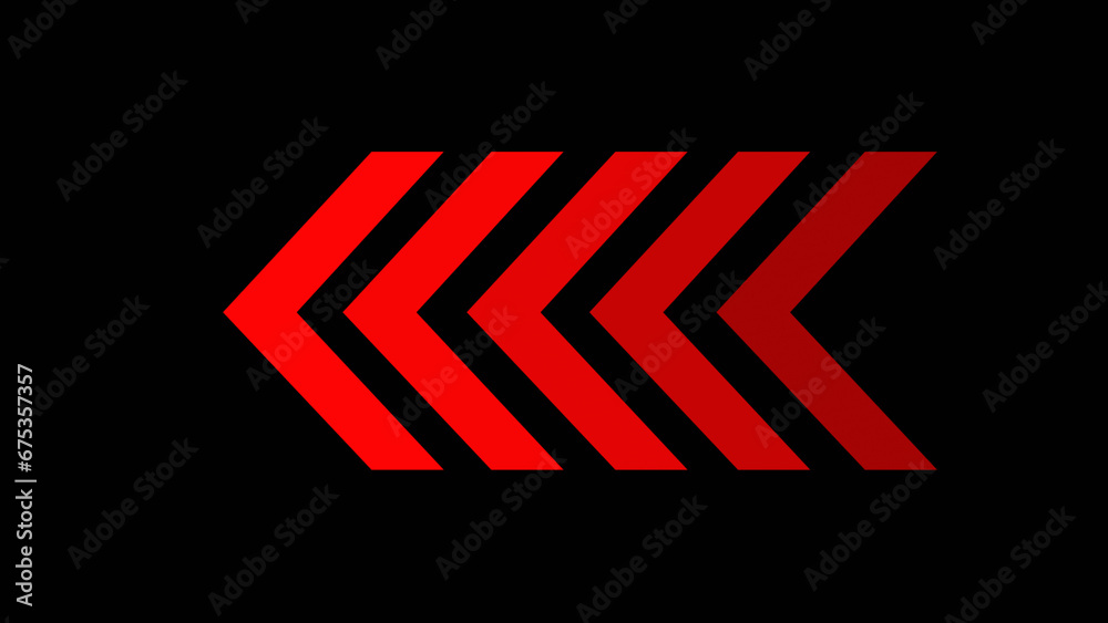 Red glowing left arrows. 4K silhouette arrows in red color isolated on black chroma key background. Seamless loop. Direction banner - obrazy, fototapety, plakaty 