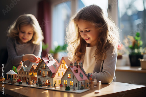 Kids girls playing at home in wooden toys constructor for kids building a house. The development of children's motor skills is beneficial for the child's mind.