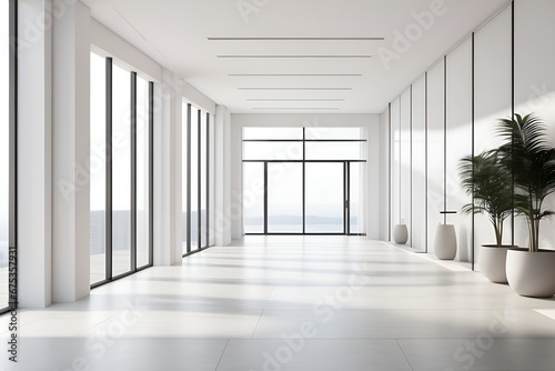 Mockup para produto, corredor clean, janelas e portas e jarro, ambiente branco