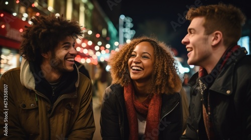 A group of friends having fun together on a lighted street one evening