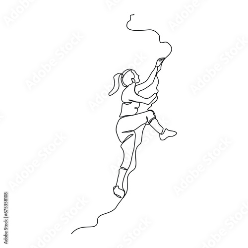 Continuous single line sketch drawing of woman climbing a cliff mountain. One line extreme dangerous sport activity vector illustration