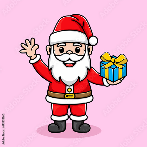 Cute Santa Claus greets with a gift box in his hand © Ndre97