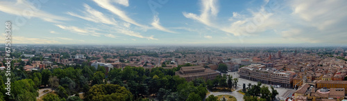 Aerial view of Reggio Emilia, Emilia Romagna, Italy. In the foreground, the city park also called the People's Park with Victory Square and the two theaters photo