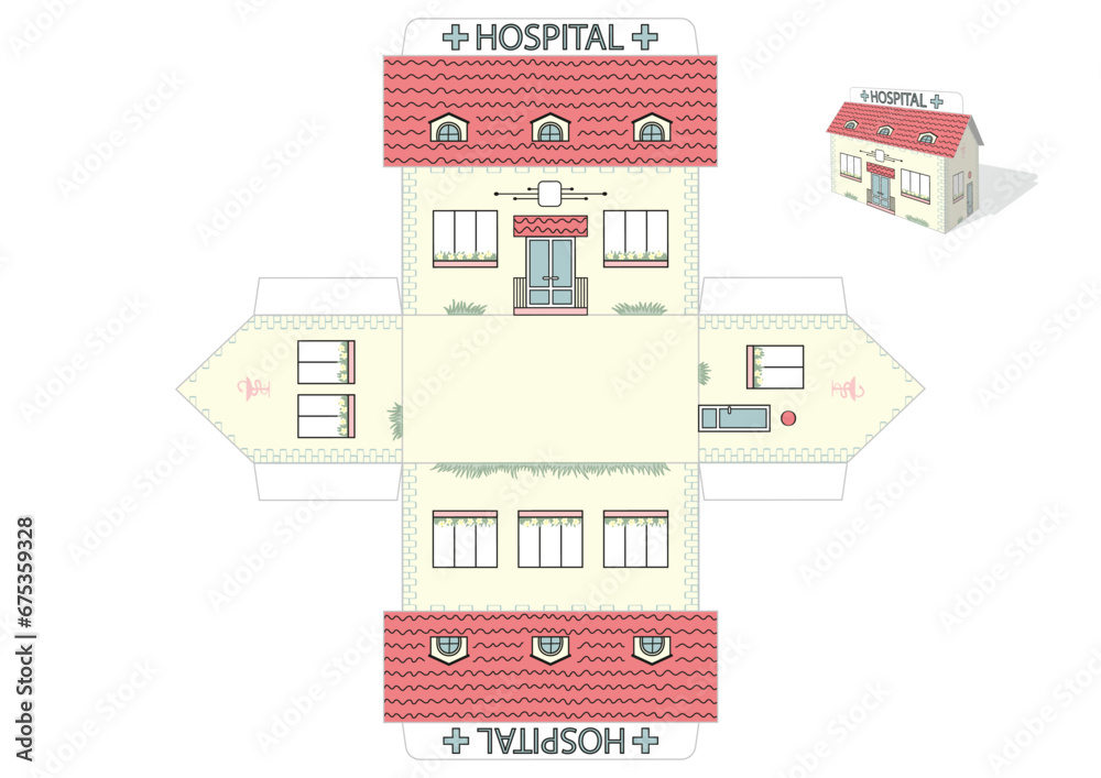 Make your own toy hospital house cut and glue paper craft model. Children art game. Vector illustration