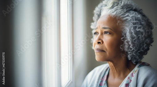 Sick and old woman looks out the window photo