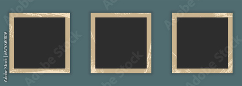 Blank Vintage Photo Paper Set. Picture Album, Photography Card Collection With Grunge Texture Border. Retro Photo Frame In Square Shape. Isolated Vector Illustration