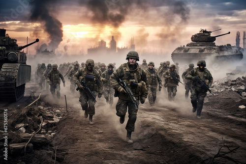 Army soldiers in the fog against a sunset, marines team in action, surrounded fire and smoke, shooting with assault rifle and machine gun, attacking enemy. photo