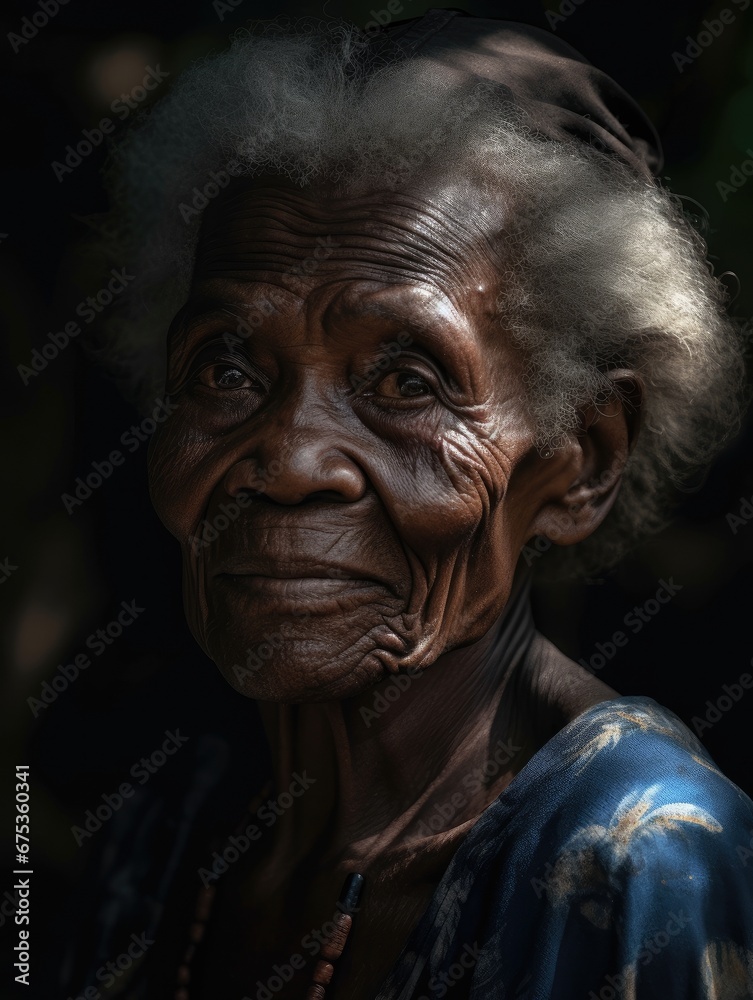 Old woman is standing in front of a dark background.