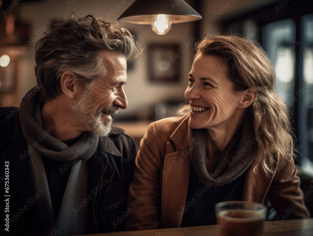 Older couple smiling at each other at a bar.