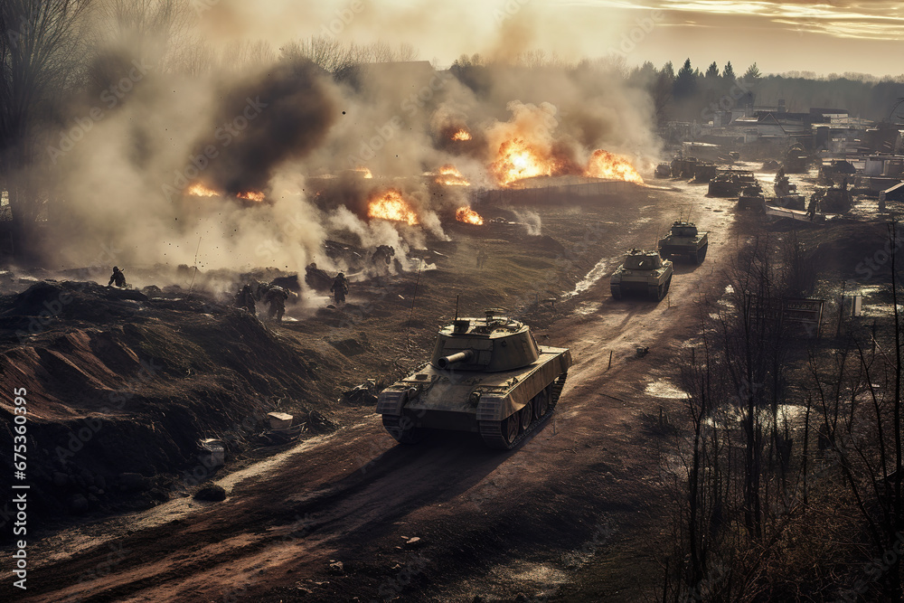 Attack scene with armored vehicles and battle tanks with explosions in ...