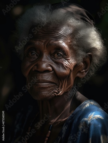 Old woman is standing in front of a dark background.
