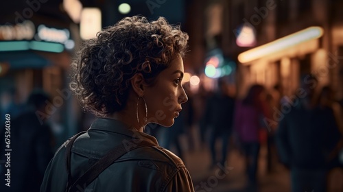Woman walking down a city street at night.