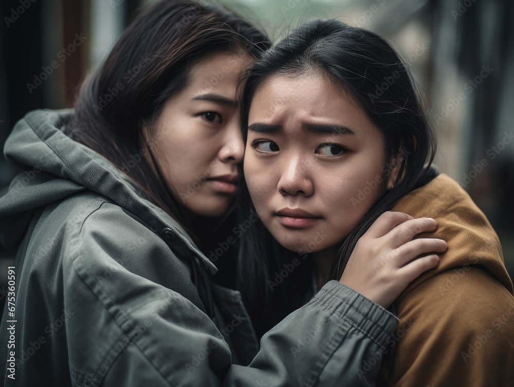 Two asian women hugging each other in a dark alley. Two asian women hugging each other in a dark alley.