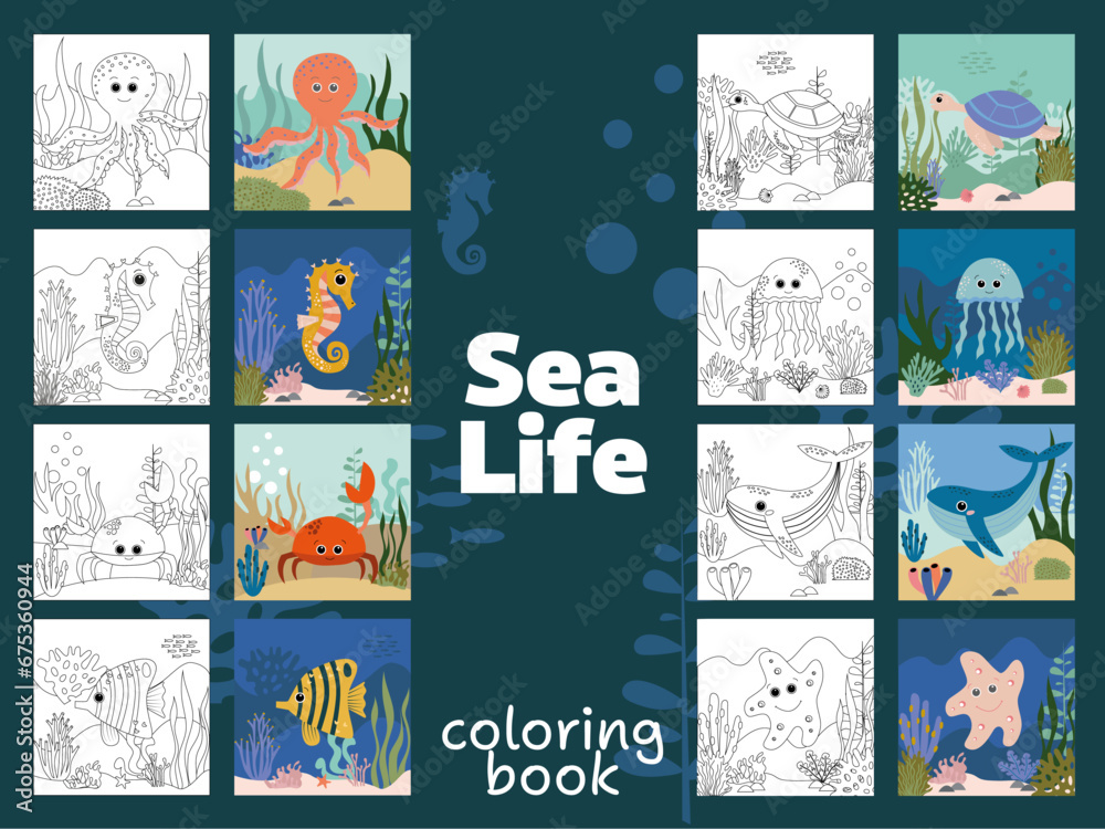 Sea life coloring book. Children book coloring pages. Colorful underwater world with whales and dolphin swimming with an octopus amongst the seaweed and rocks, vector cartoon illustration
