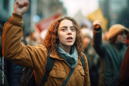 Young female protester raising her fist up at a climate change protest. © Bojan