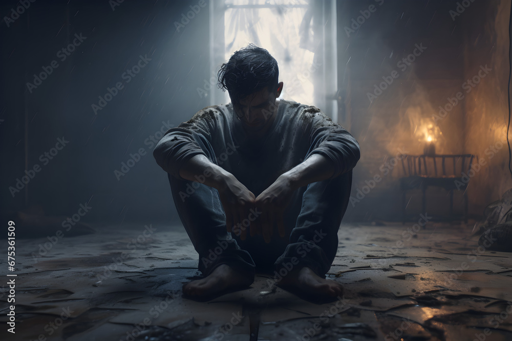 Person sitting alone in a dark room depicting emotional distress like sadness or depression Person sitting alone in a dark room depicting emotional distress like sadness or depression