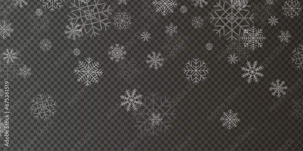Beautiful falling snow flakes design. Snowflakes falling, Christmas decoration. Christmas snow. Many white cold flake elements on transparent background.