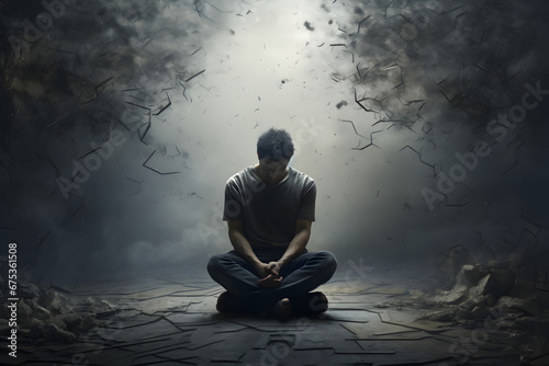 Man sitting alone in a dark room depicting emotional distress like sadness or depression photo