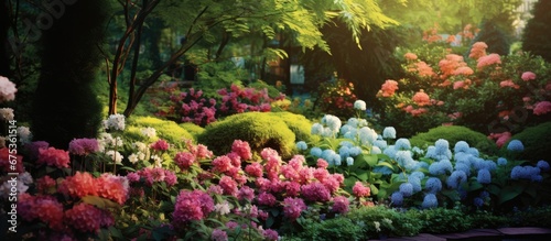 In the background of a lush garden colorful flowers blossom adding to the beauty of nature s green hues and creating a vibrant and breathtaking display that embodies the beauty of the spring