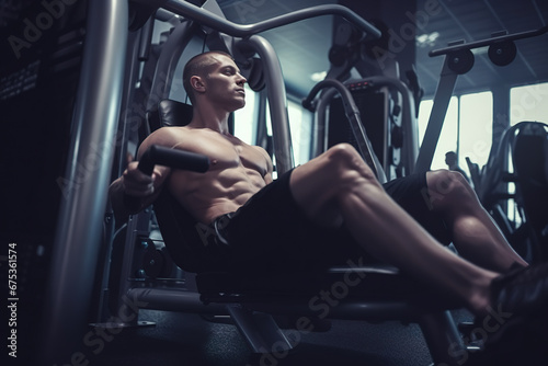 Handsome young sporty man doing ABS exercise on machine in gym.