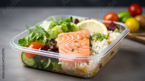 Lunch box containers with grilled salmon fish fillet, rice and salad