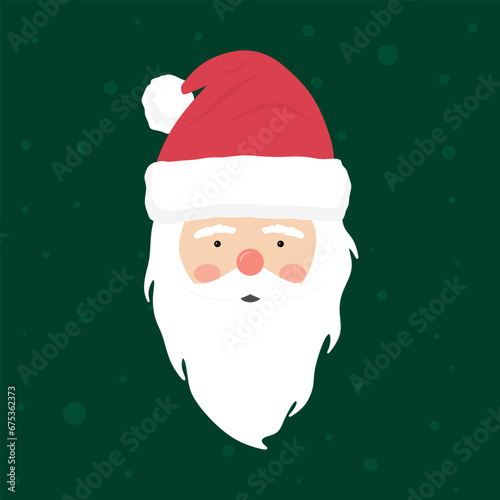 Vector face of cute Santa Claus in a red hat. Merry Christmas and Happy New Year. Flat illustration of happy santa claus isolated on green background. Cartoon kawaii funny character. Vector
