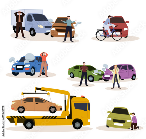 Car accidents set. Crash, collision at road traffic. Car damaged vehicle transportation. Drivers, pedestrians and broken auto, damaged transport, injured people after crush.