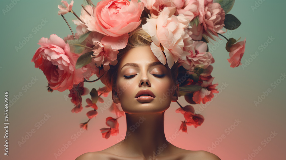 An abstract artistic portrait of a woman with pink flowers over her head against a colorful background