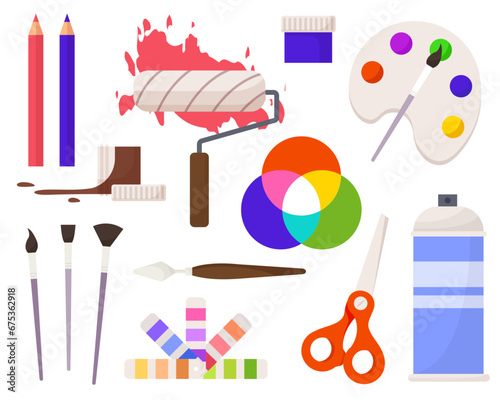 Set of art making tools including brushes, pallets, palettes, easel and canvas flat design illustration, in the style of colorful figures, wood sculptor, impressionist colorism. Artists tools set
