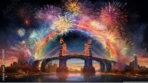 a rainbow-colored fireworks forming a majestic arch across the sky, symbolizing unity and diversity, as the vibrant hues blend harmoniously in the night.