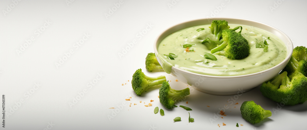 Flying broccoli in the Splash of green Broccoli cream soup in pan Stock ...