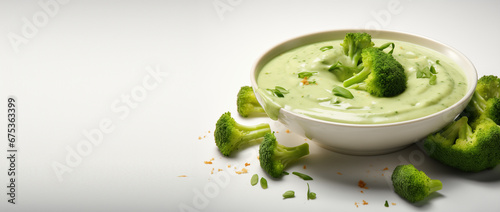 Flying broccoli in the Splash of green Broccoli cream soup in pan 
