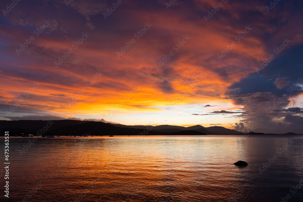 Dramatic sunset sky over the islands in Koh Samui, Thailand