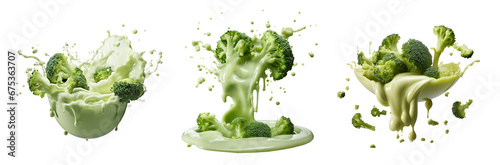 Flying broccoli in the Splash of green Broccoli cream soup