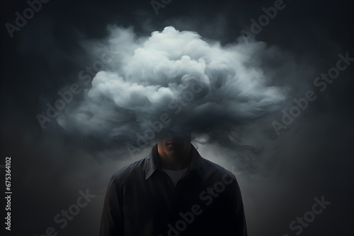 Dark cloud hovering over a person depicting sadness, loneliness, depression or trauma photo