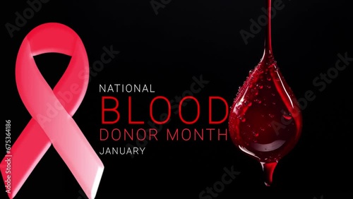 National Blood Donor month. drop of blood with ribbon animation.
 photo
