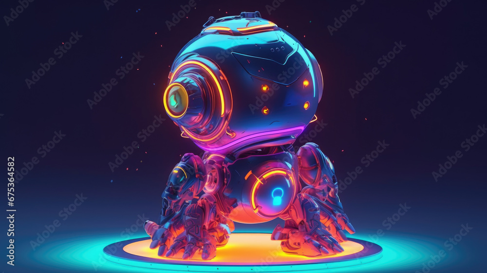 Robot with neon lights on top of a dark background.