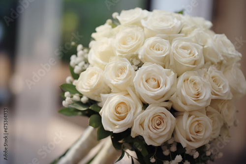 Wedding bouquet with white roses in the bride s hands