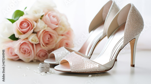 Composition with wedding high heel shoes and flowers on white background