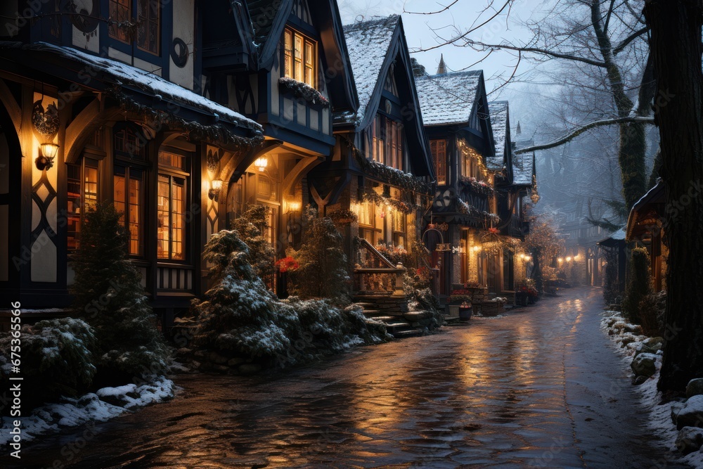 Fototapeta premium night view of the old town country in winter ,new year period, christmas