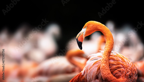 Flamingo bird roams in a large group of others looking for roams in a large group of others looking for food. photo