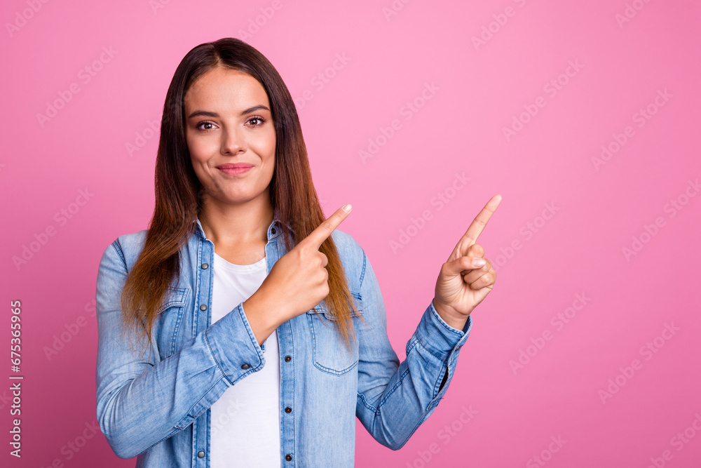 Image of happy young lady standing isolated over pink color background. Looking camera pointing Image of happy young lady standing isolated over pink color background. Looking camera pointing
