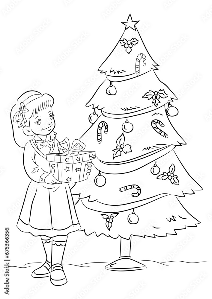 A girl having christmas present. Christmas coloring page for kids. A girl having christmas present. Christmas coloring page for kids.