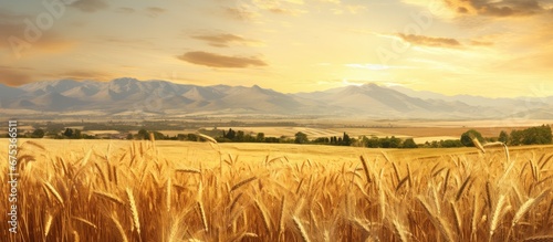 In the summer the light cast a gentle glow over the golden wheat field in Spain where the tall stems of ripe plants were swaying gracefully in the breeze creating a picturesque prairie scen photo