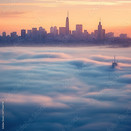 Dawn's Embrace: San Francisco Skyline Above the Clouds,sunrise over the city
